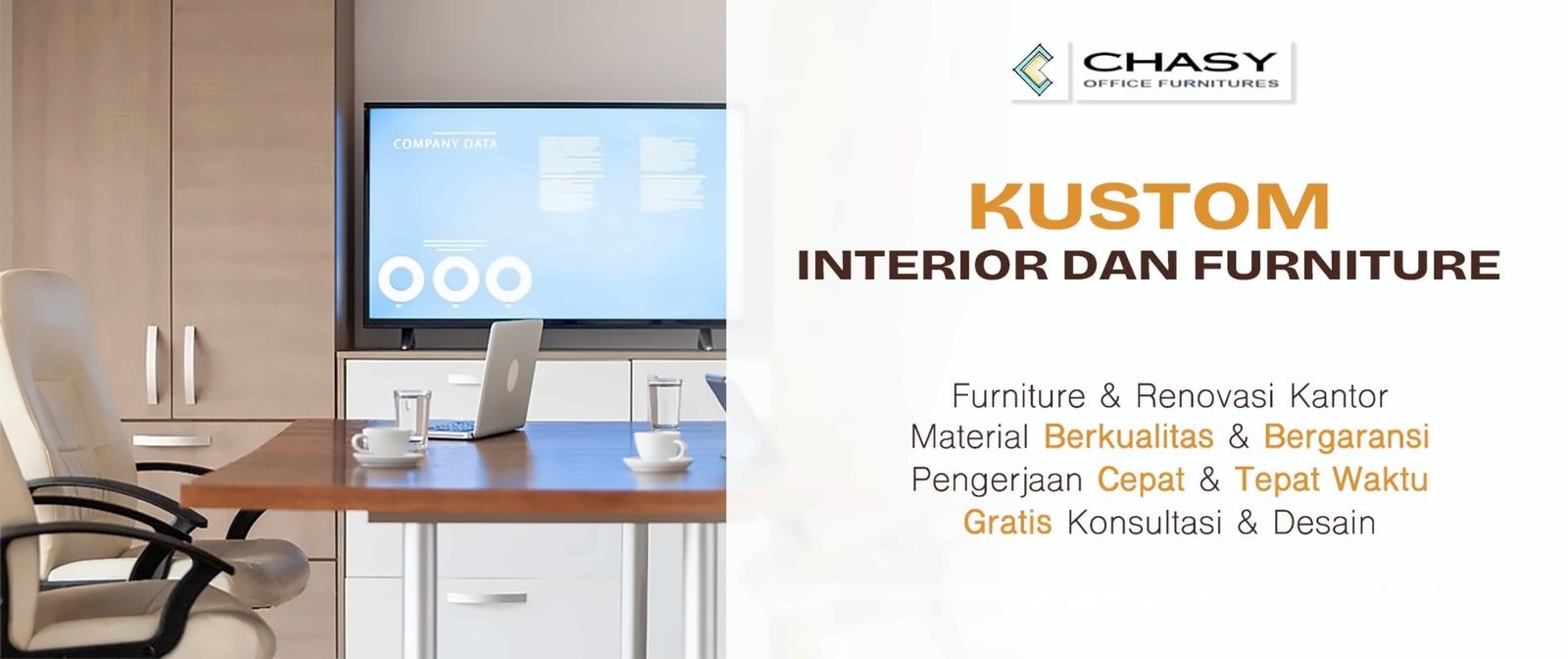 Kustom interior dan furniture. Furniture dan renovasi kantor, material berkualitas dan bergaransi, pengerjaan cepat dan tepat waktu, gratis konsultasi dan desain.