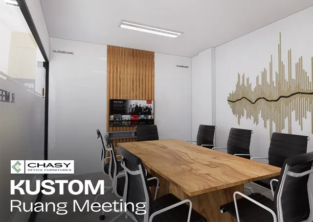 Desain ruang meeting dengan meja kayu, glassboard, dan dekorasi dinding, karya Chasy Office Furniture