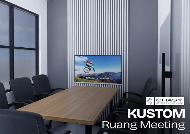 Ruang meeting kecil dengan meja kayu dan panel dinding bergaris, karya Chasy Office Furniture