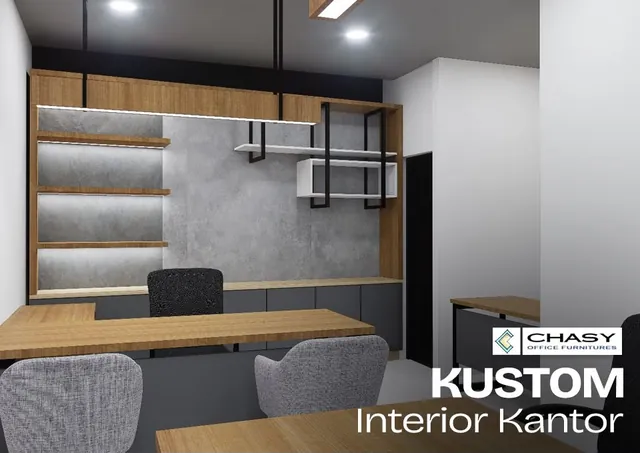 Ruang kerja dengan meja L, kabinet kayu, dan rak besi gantung, karya Chasy Office Furniture