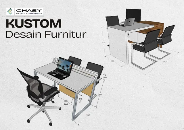 Gambar desain 3D meja kerja lengkap dengan ukuran, karya Chasy Office Furniture