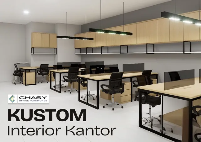 Desain ruang kerja dengan kabinet atas, meja berangka hitam, dan lampu gantung, karya Chasy Office Furniture